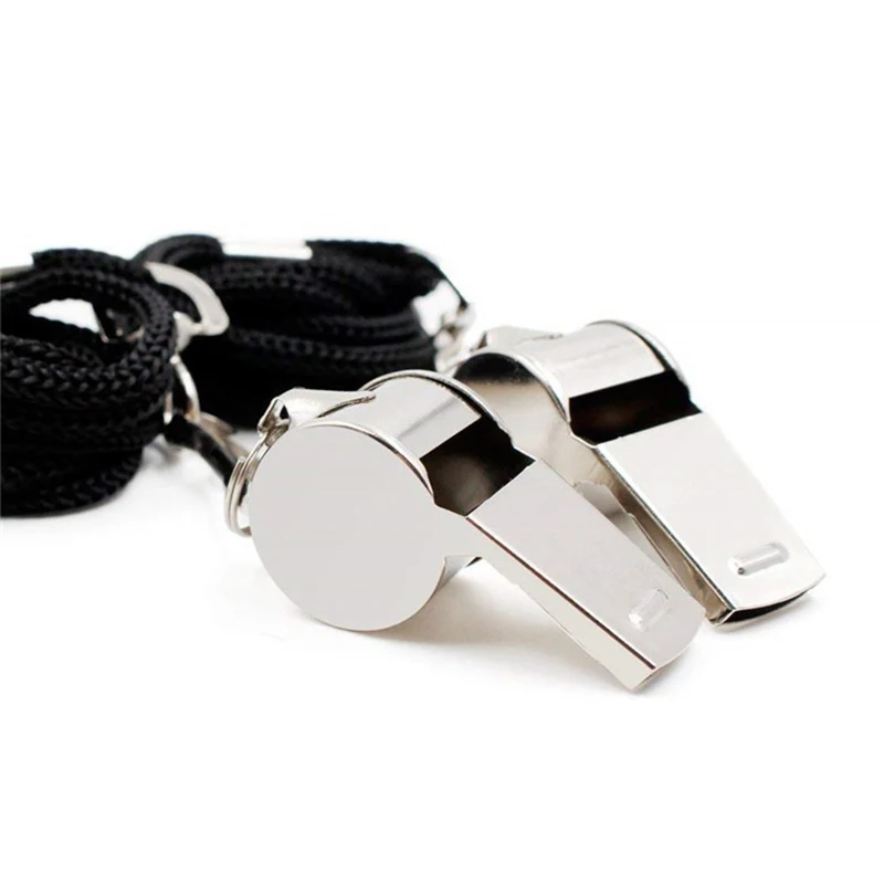 1Pc Stainless Steel Whistle With Black Lanyard Rope For Outdoor Sports 4.6*1.8*2.1cm