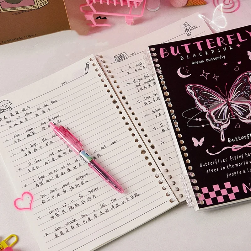 1 Pc Sweet Cool Notebook for Student Girl Retro American Style Butterfly Puppy Scrapbook Horizontal Inner Page Journal Notepad