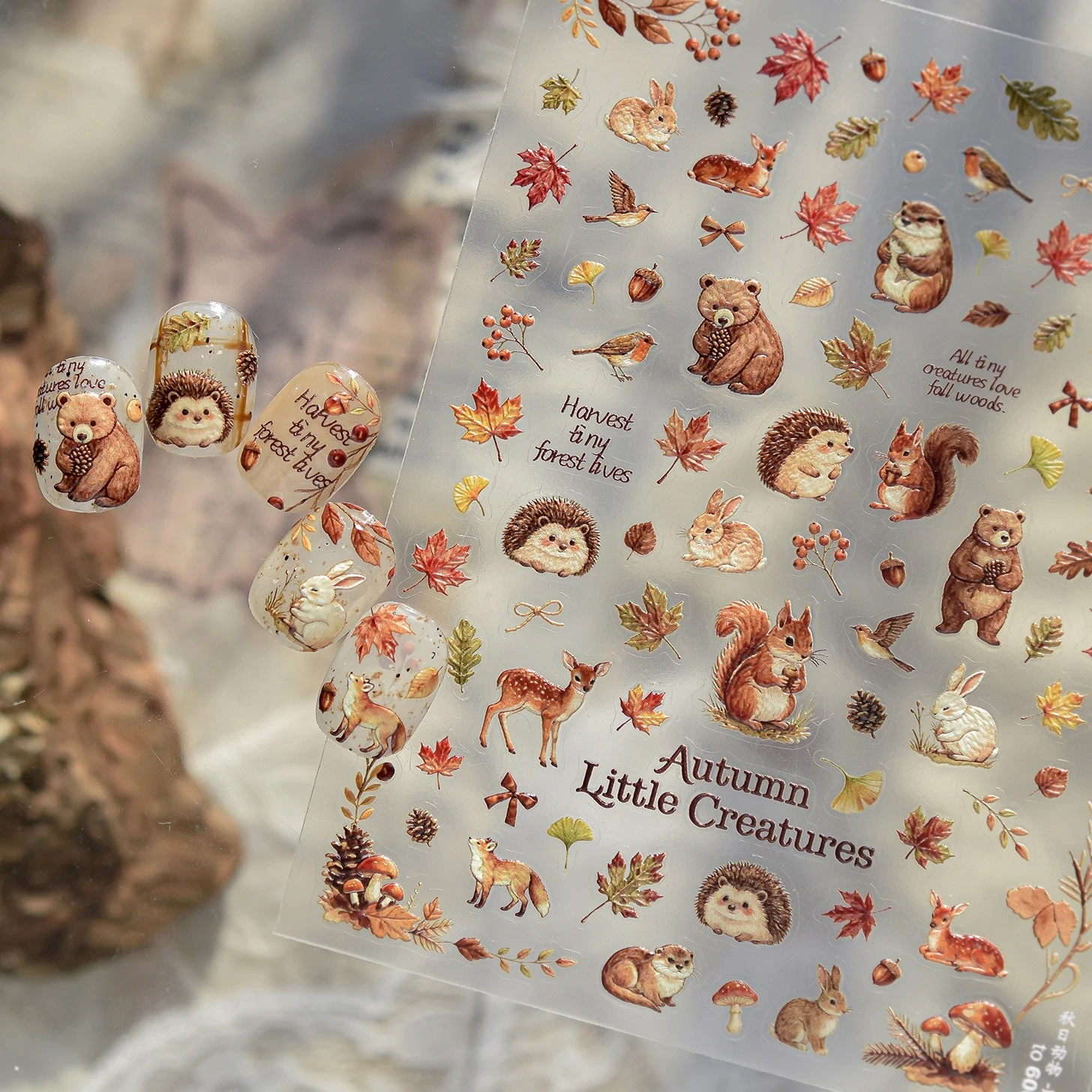 Autumn Maple Leaf Ginkgo Pinecone Rabbit Bear Squirrel Fox Hedgehog Marmot Mushroom Adhesive Nail Tip Art Sticker Manicure Decal