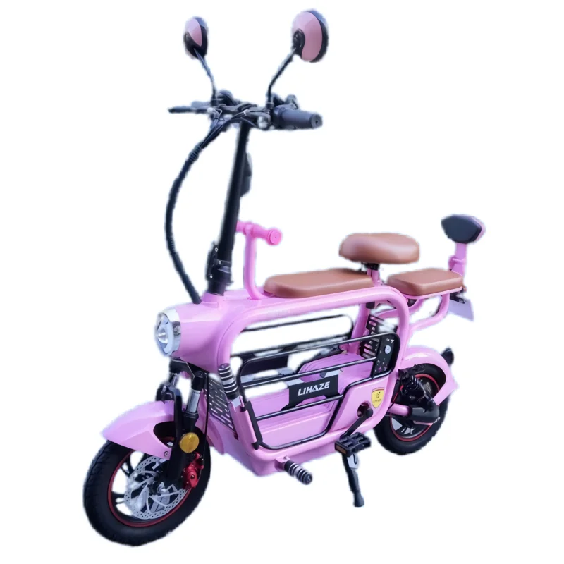 Folding Pet Electric Scooter Pink 3 Seats 2 Wheel For Adult 500W Family Parent Child Electric Bicycle Woman 42KM/H USB Charge