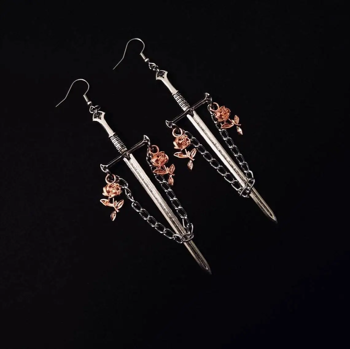 Gothic Rose Sword Charm Earrings For Women Girl Pagan Witch Punk Jewelry Accessorie Gift Vintage Knife Sword Rose Drop Ear Hook
