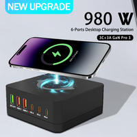 #980W GaN Quick Charger Station 6-Ports QC3.0+PD Super Chargers With Wireless Charger For iPhone Samsung Xiaomi Fast Charging