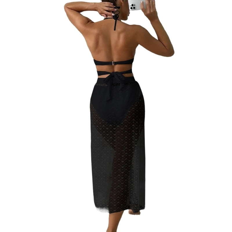 E56D Womens Sexy Bikinis Set Swimwear Halter Neck Bikinis Top Mesh Beach Wrap Dress