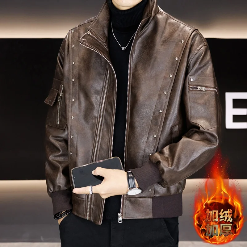 

Зимняя флисовая теплая куртка из искусственной кожи, мужская мотоциклетная куртка с двойной молнией и воротником-стойкой, утолщенные повседневные деловые кожаные пальто