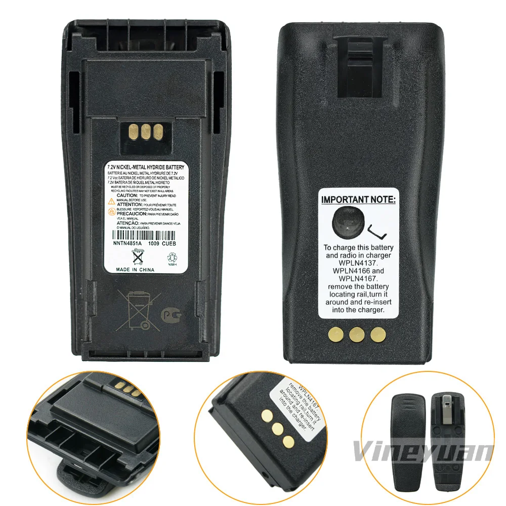 Bateria de substituição NI-MH para Motorola, rádio em dois sentidos, NNTN4851, GP3688, GP3188, XiR P3688, CP040, CP140, CP160, CP200, EP450, 7.2V, 1500mAh