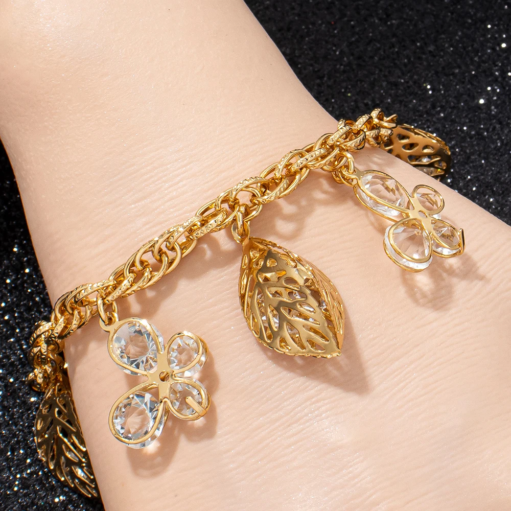 YMJewelry Edelstahl-Armbänder mit Kristall-Schmetterlingsanhänger, Ausgehöhltem Blatt-Design, Handkette, Accessoires für Damen, Alltagsschmuck, Geschenke – Detail 6