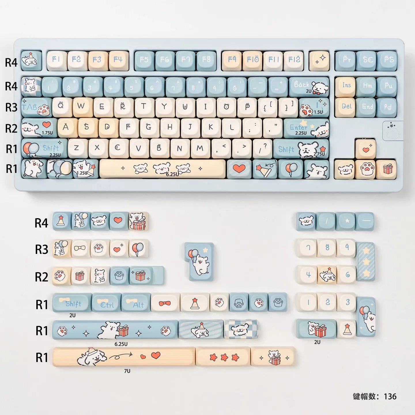 136 Key/set GMK Cute blue puppy Keycaps PBT Dye Sublimation Key Caps Cherry Profile MOA Keycap With 1.75u 2u Shift
