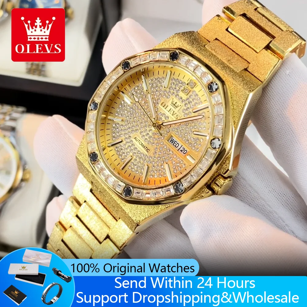 OLEVS 9803 Full Diamond Automatic Mechanical Watches for Man Luxury Stainless Steel Waterproof Dual Calendar Business Mens Watch