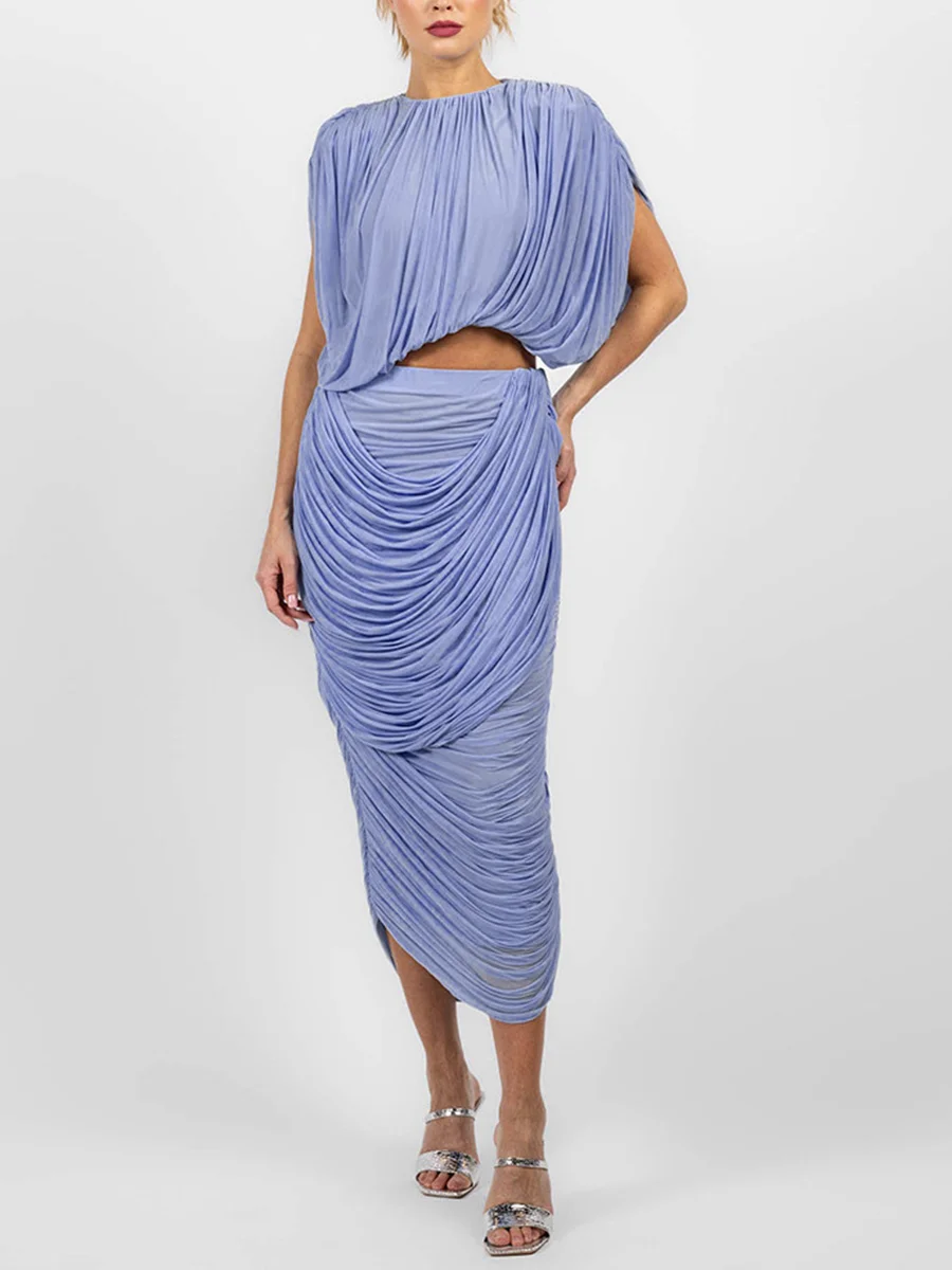 TWOTWINSTYLE Solid Spliced Ruched Slimming Two Piece Set for Women Round Neck Short Sleeve Top High Waist Midi Skirt Sets Female