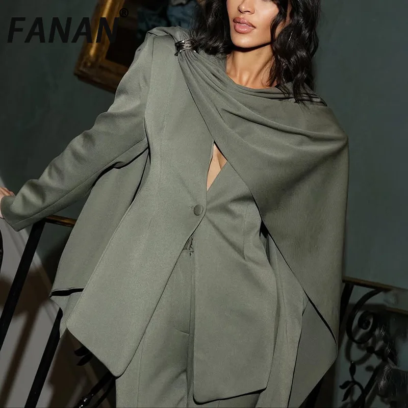 FANAN Irregular Shawl Design Gathered Waist Blazers For Women Single Button Long Sleeve Fit Jackets Female Coats 2026 Spring New
