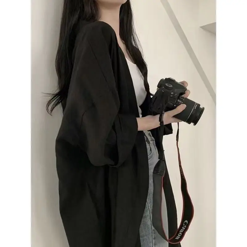 2023 Summer Pure Cotton Oversize Square Neck Long Sleeve Cardigan Tops Korean Style Midi Sunscreen Clothing Women Loose Coat