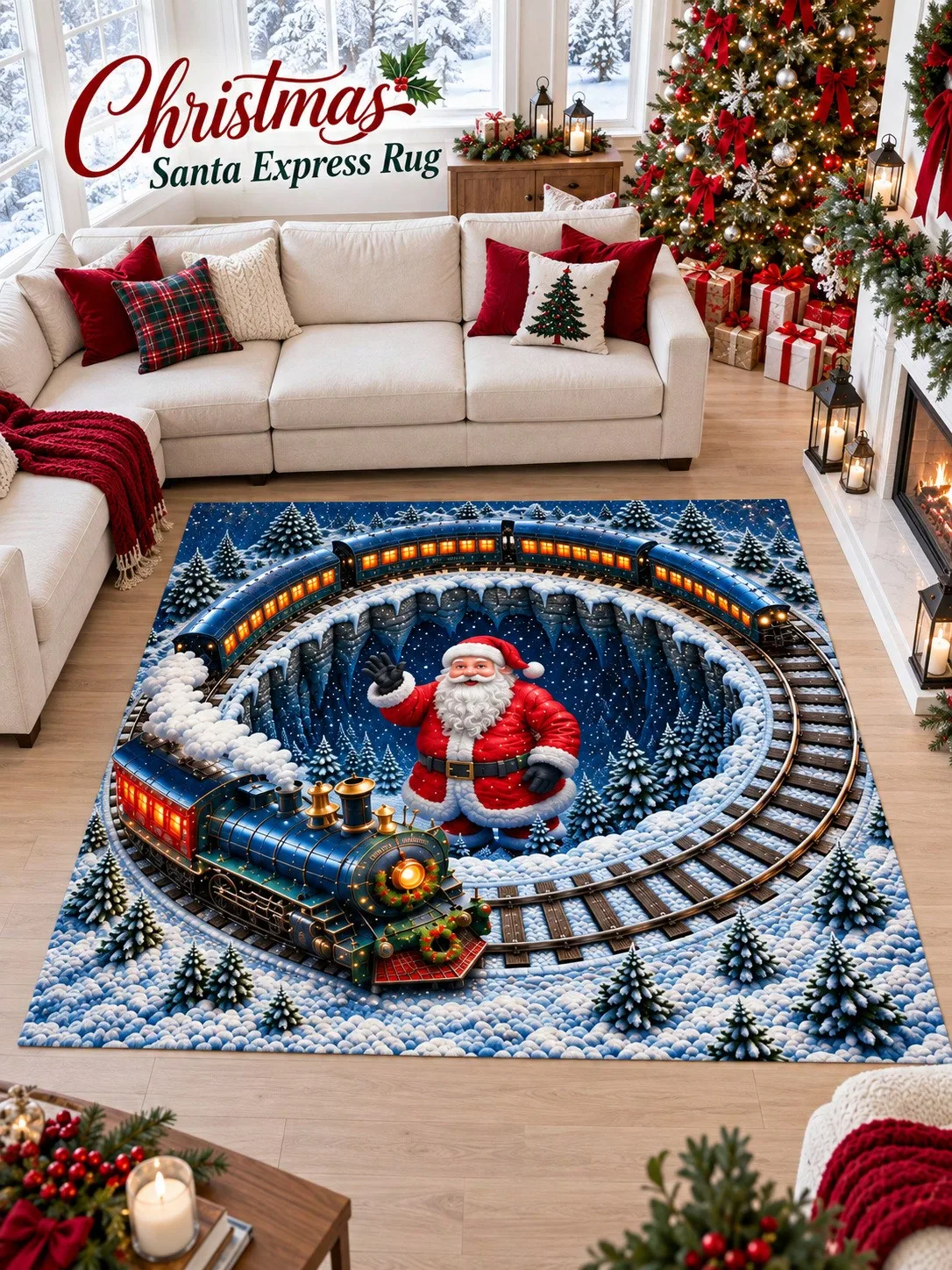 Christmas Rug Santa Train Forest Tracks Floor Decor Carpet Living Room Bedroom Dining Area Entryway Apartment Cottage Winter Home Styling Beside Sofa Coffee Table Housewarming Birthday Gift for Family Friends Sisters Neighbors Holiday Celebrations