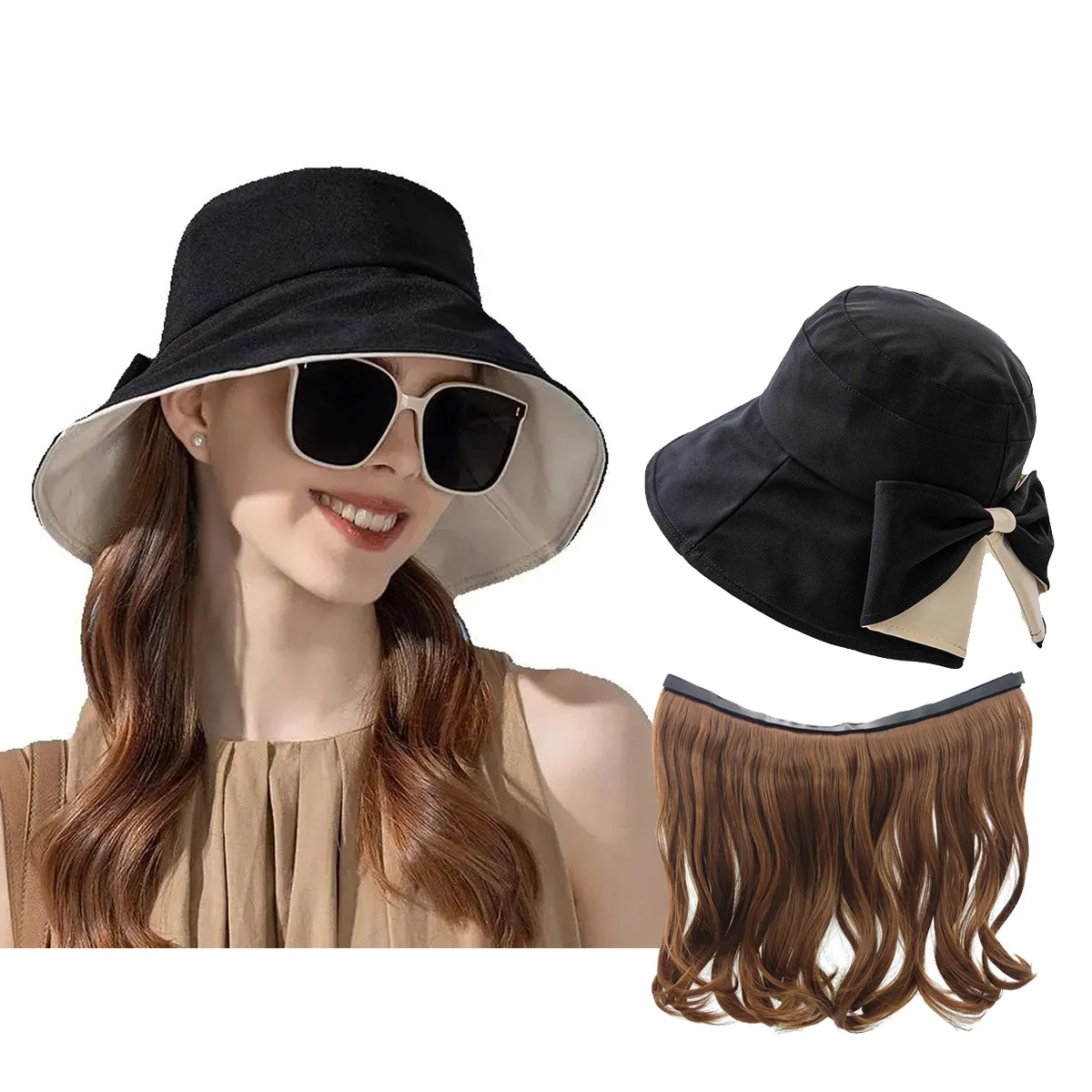 Bucket Hat with Hair Attached for Women,Large Brim Sun Hat,Detachable Long Wavy Blonde Cap Wig ，Wig Hat for Spring and Summer