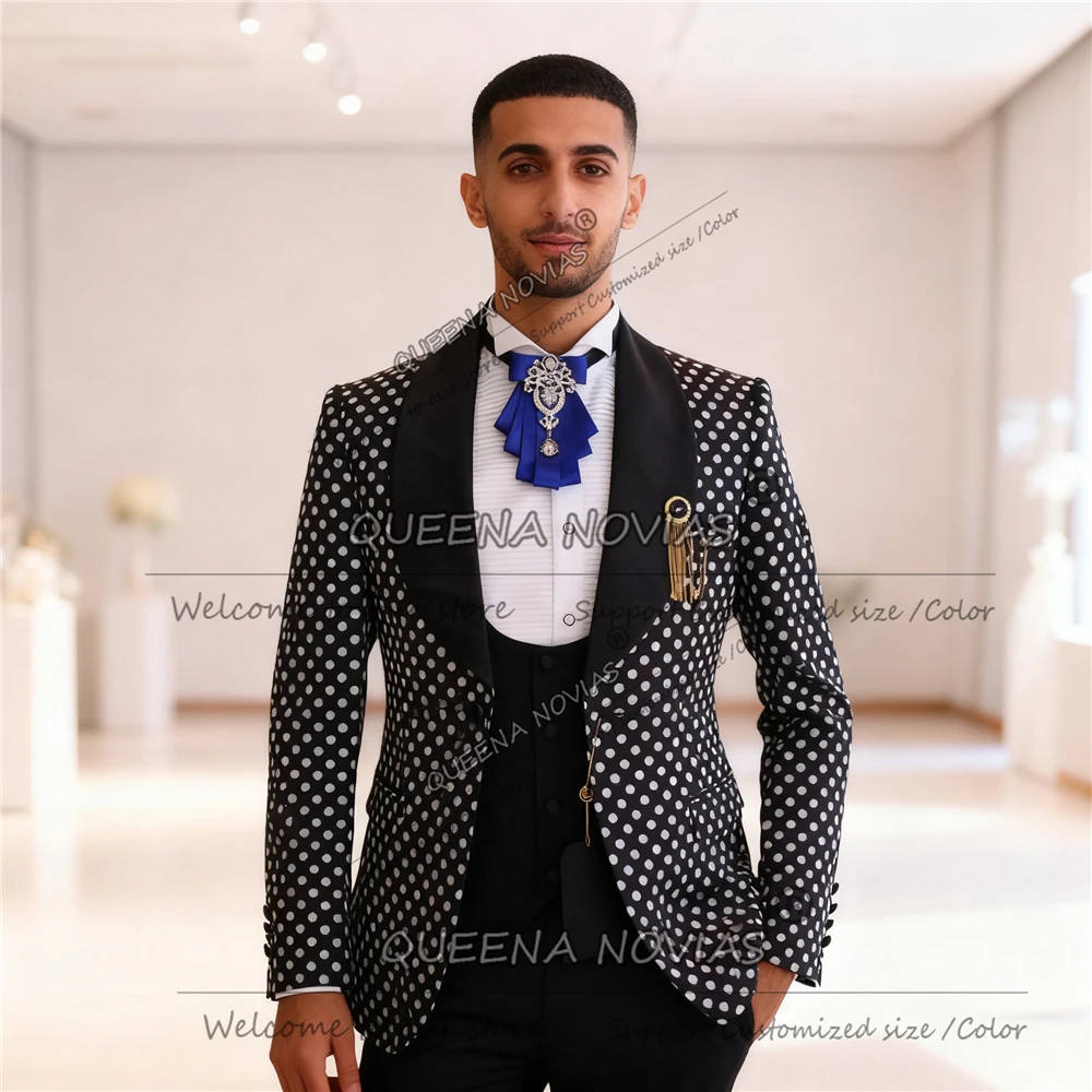 Retro Bräutigam Hochzeit Smoking 3-teiliges Set Polka Dot Anzug Männer Slim Fit Angepasst Schal Revers Prom Blazer Männlichen Mode Ropa hombre