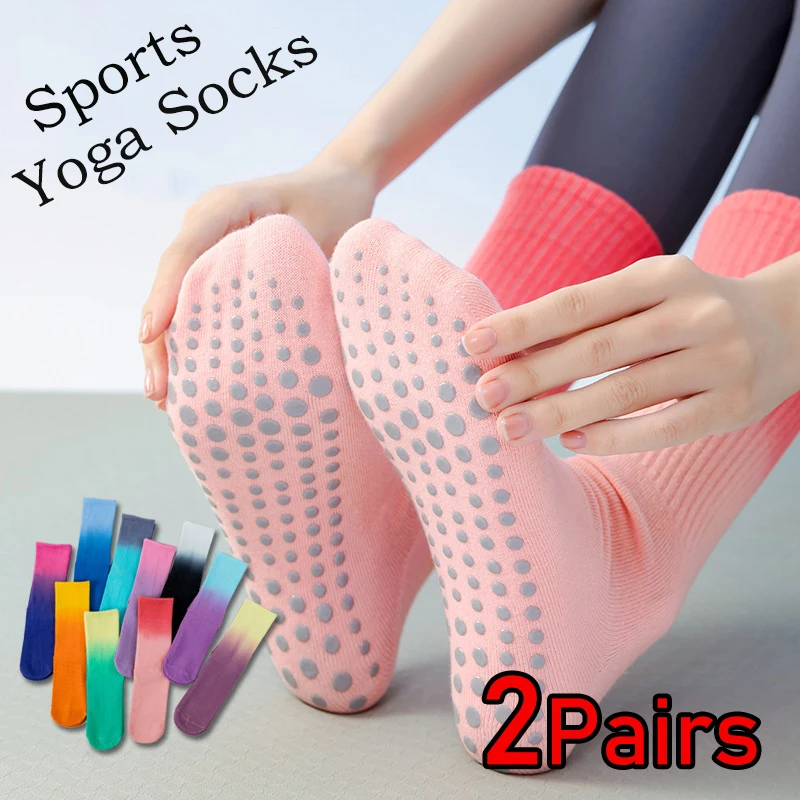 1/2 Pairs Colourful Yoga Socks Gradient Cotton Silicone Non-slip Pilates Socks Mid-tube Non-slip Silicone Indoor Fitness Socks