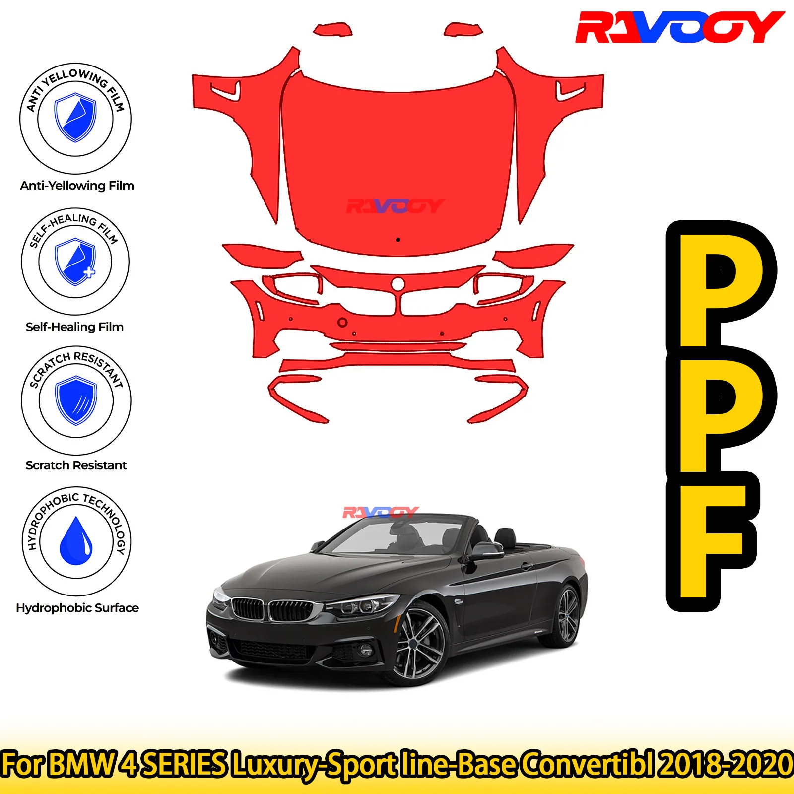 

For BMW 4 SERIES Luxury-Sport line-Base Convertibl 2018-2020 Glossy Matte Black Precut front PPF Kit Paint Protection Film