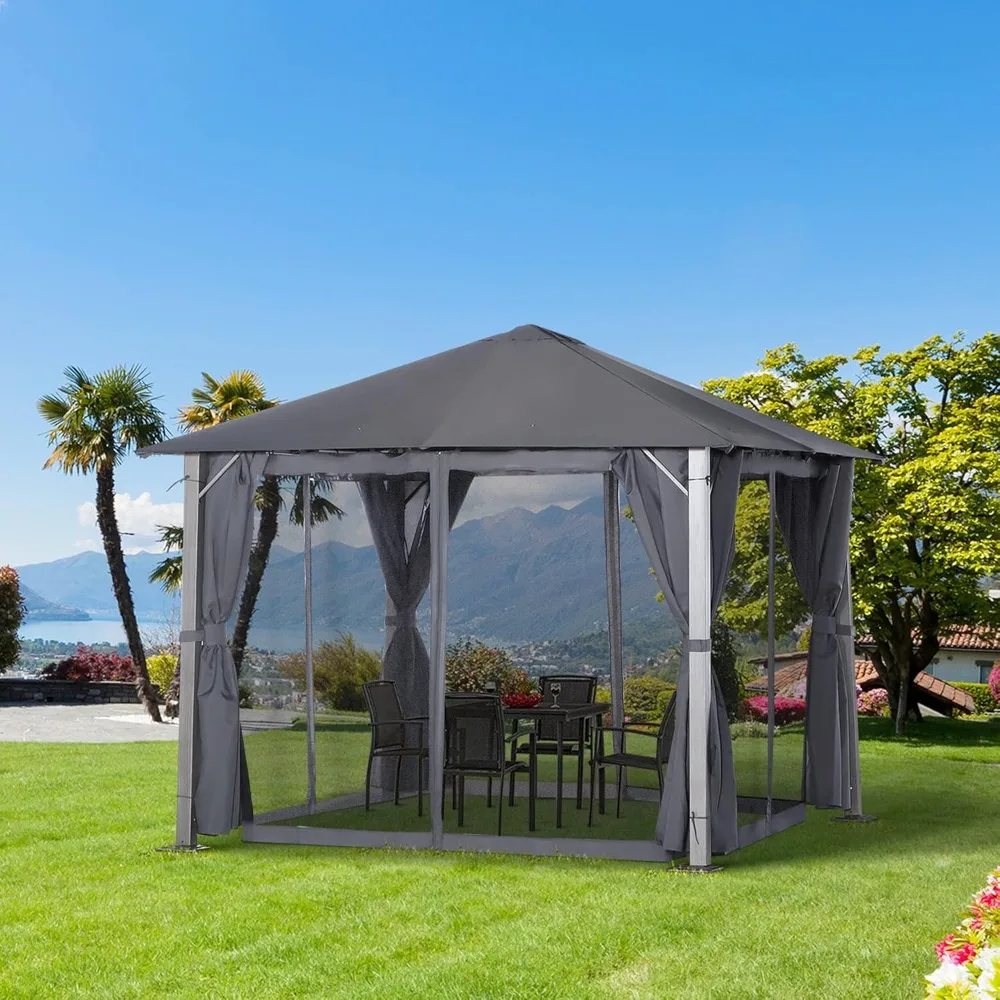 

10' x 10' Patio Gazebo, Outdoor Gazebo Canopy Shelter with Netting & Curtains, Vented Roof, Customized