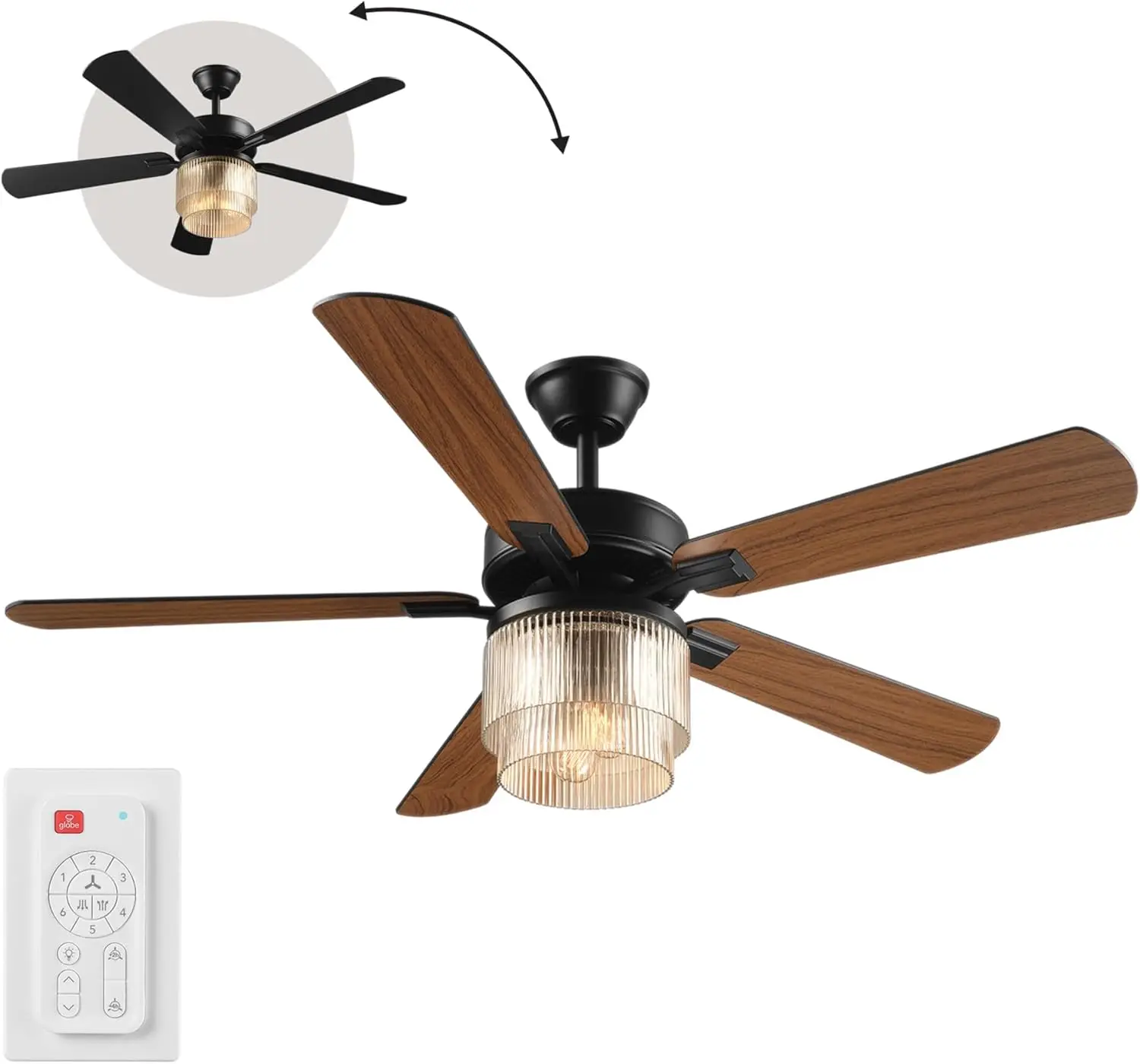 مروحة سقف كهربائية 37000023 مقاس 52 بوصة مع غطاء زجاجي، وجهاز تحكم عن بعد، ومحرك تيار مستمر، 6 سرعات، أسود غير لامع، للبيع #2