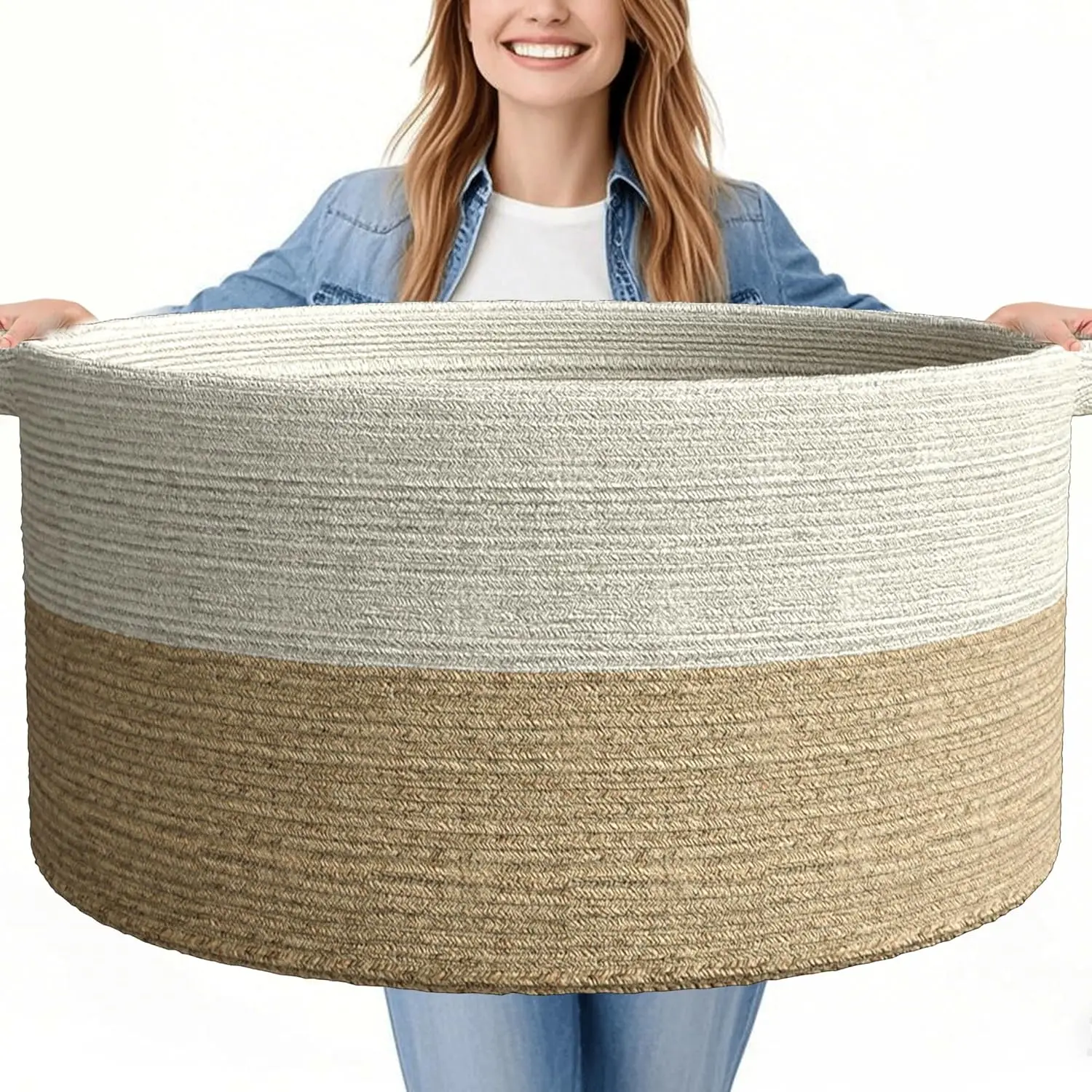 

Очень большая корзина для хранения из хлопкового каната, 125 л, 25x16 дюймов, многофункциональный органайзер для белья, игрушек и одеял с ручками