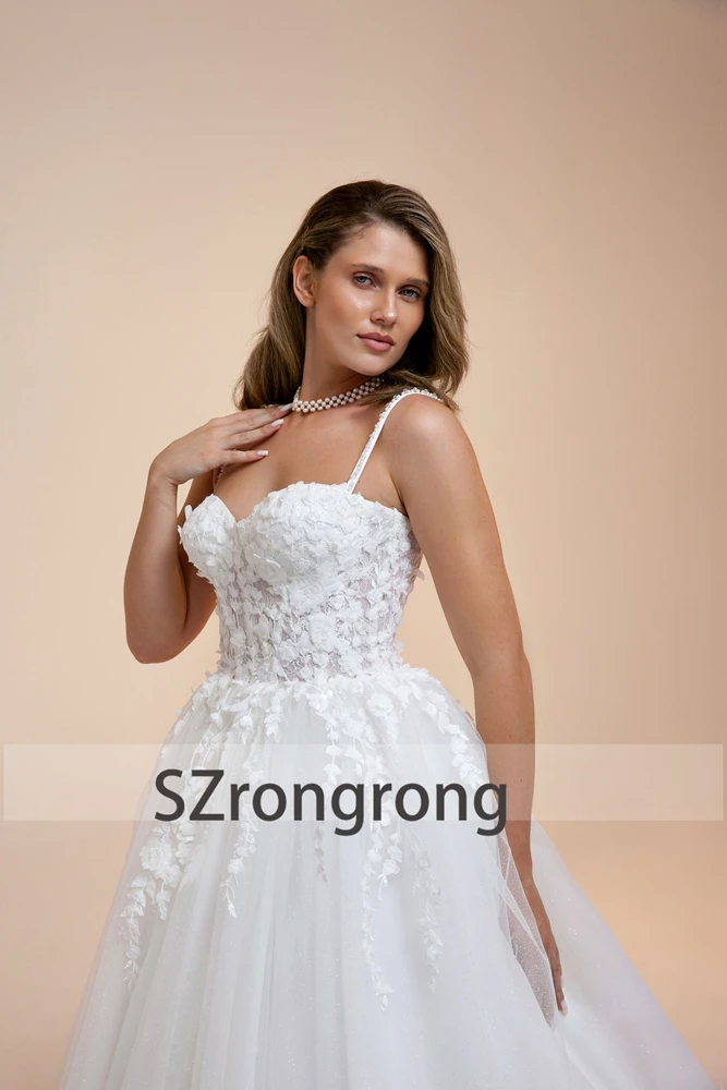 

Bohemaid Spaghetti Strap Appliques Lace Wedding Dress A-line Lace up Back Floor Length Beach Bridal Dress with Court