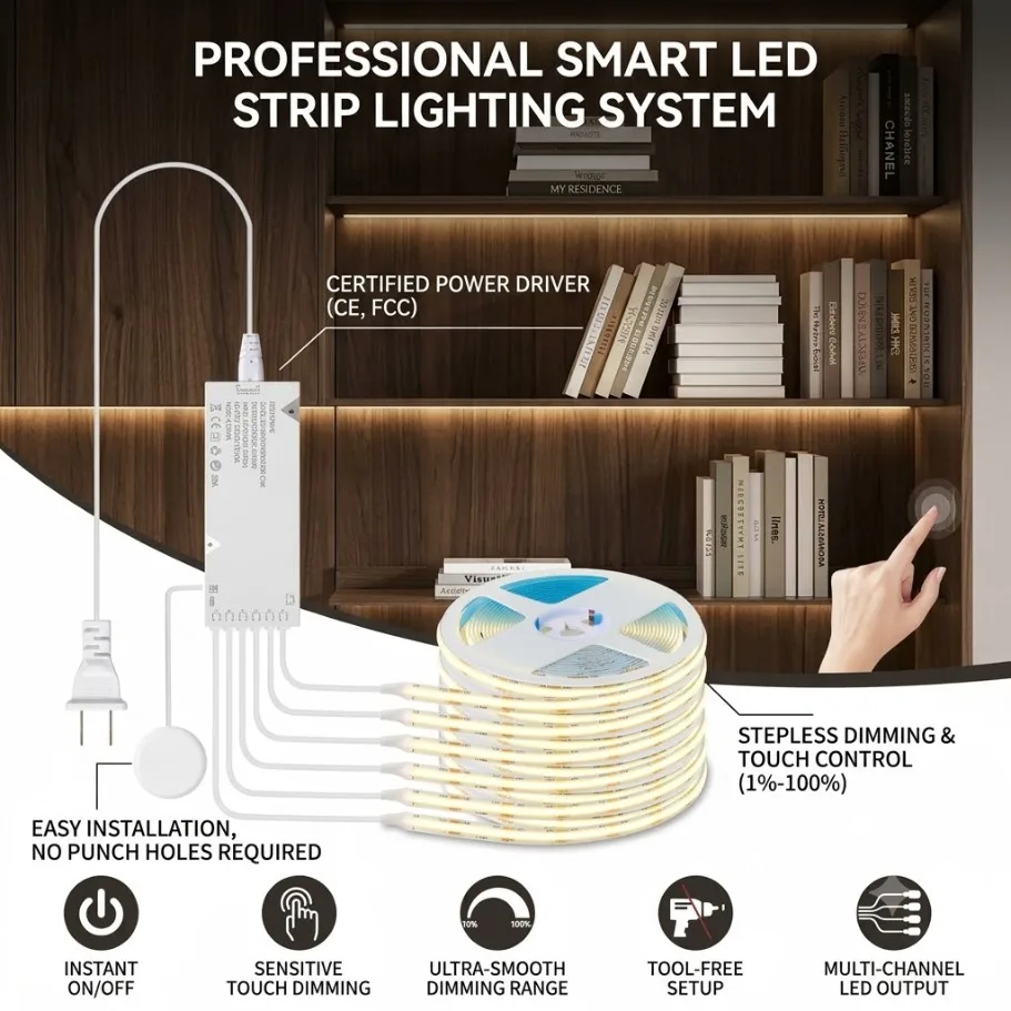 

Smart Sensor COB LED Strip Sync Cabinet Light with EU/US Plug Power Supply for Kitchen Pantry Showcase Closet Bedroom Lighting