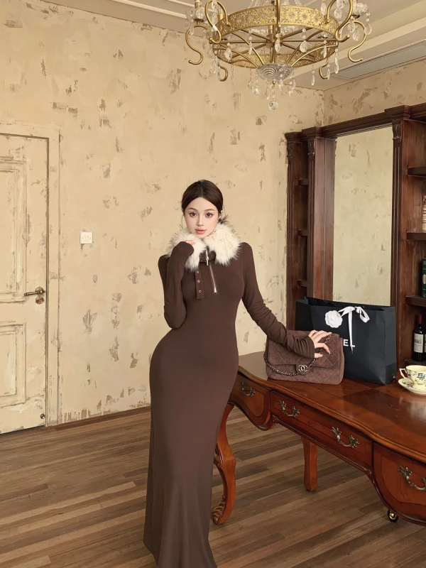 Choco Girl Vestido Largo de Invierno para Mujer, de Alta Gama, Sensual, Color Café, con Cierre y Cuello de Piel, Ajustado, con Cobertura de Glúteos, Capa Base