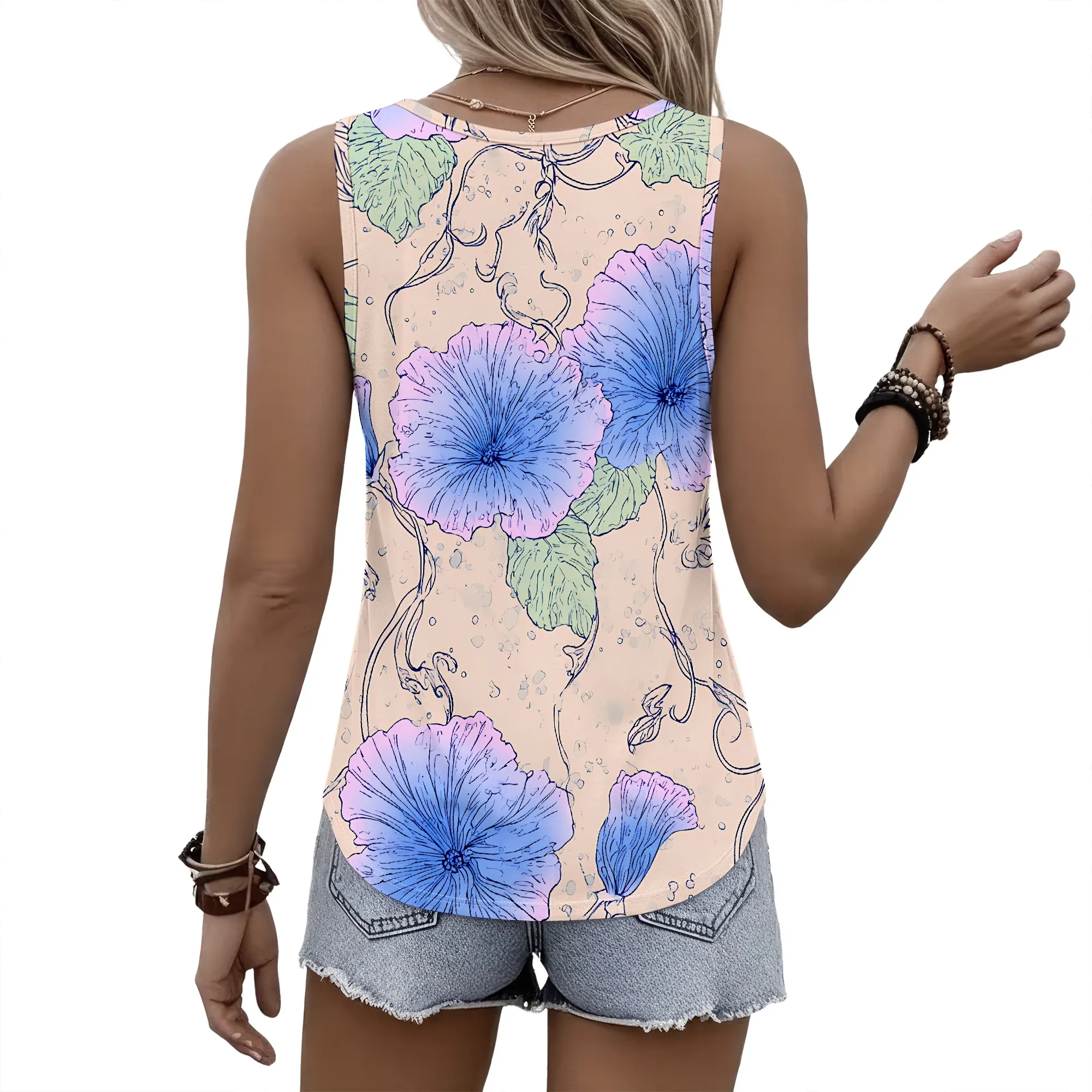 Blue Flower Print Tank Top, Floral Sleeveless Shirt, Loose Fit Blouse, Summer Beach Vacation Wear, S-2XL