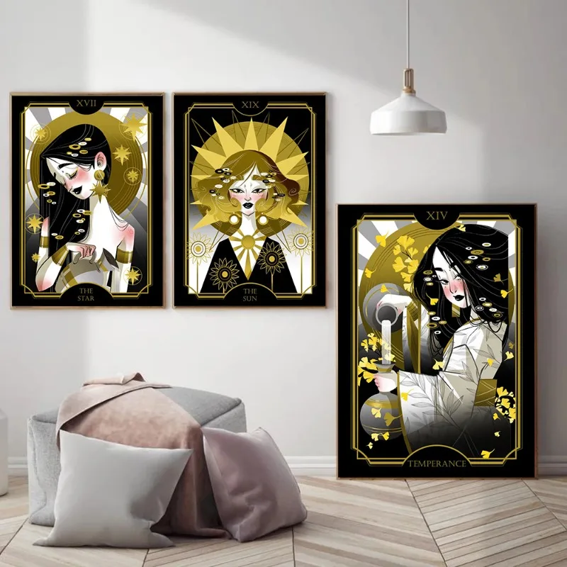 Gold Moon Tarot The Sun Fool Emperor Princess Devil Poster and Prints Canvas Painting Wall Card Art Pictures for Room Home Decor