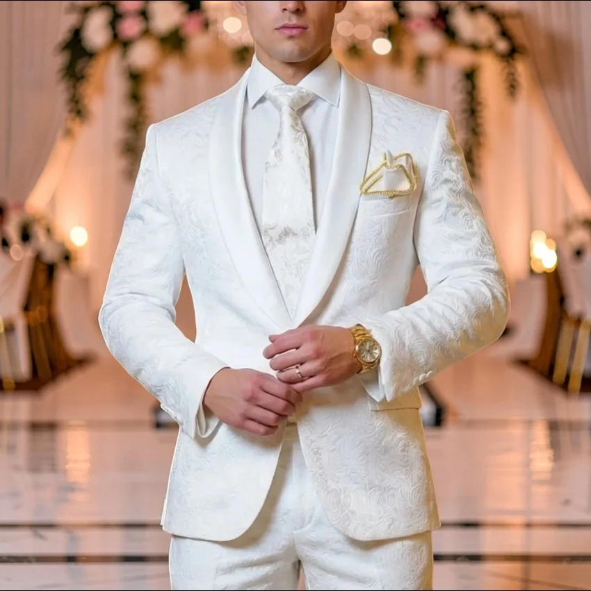 

2 Pieces Floral Pattern Men Suits for Wedding Party Slim Fit Groomsmen Tuxedo Shawl Lapel Groom Suit (Jacket + Pants )