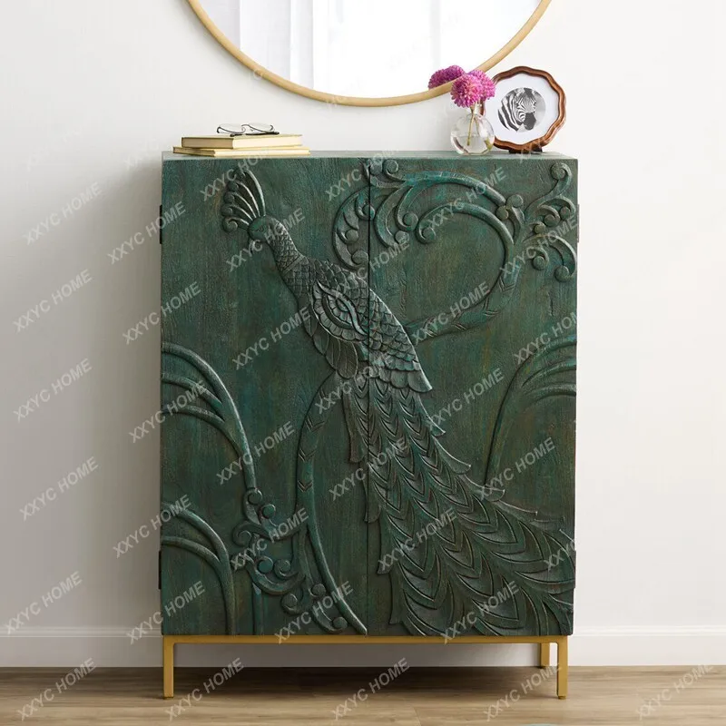 Retro style solid wood shoe cabinet simple carving medium ancient style peacock cabinet double door porch locker