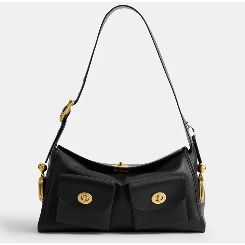 

Ретро-сумка через плечо класса люкс с фирменным замком, множеством карманов, элегантная сумка-багет, стильная простая однотонная сумка для повседневного использования