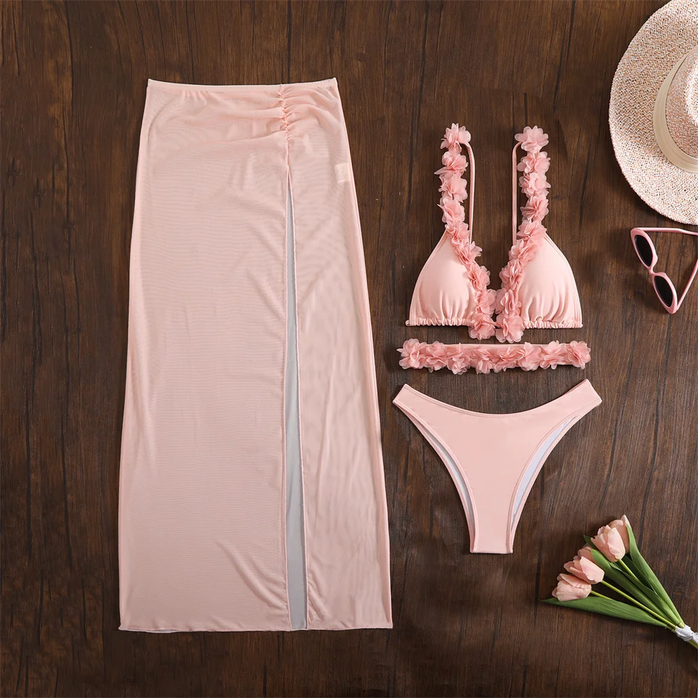 Rosa Bikini, durchsichtig, mit Blumenmuster, Badeanzug, String-Bikini, Träger, Blumen, Bademode, Damen, rückenfrei, schwarzer Strand-Outfit-Badeanzug