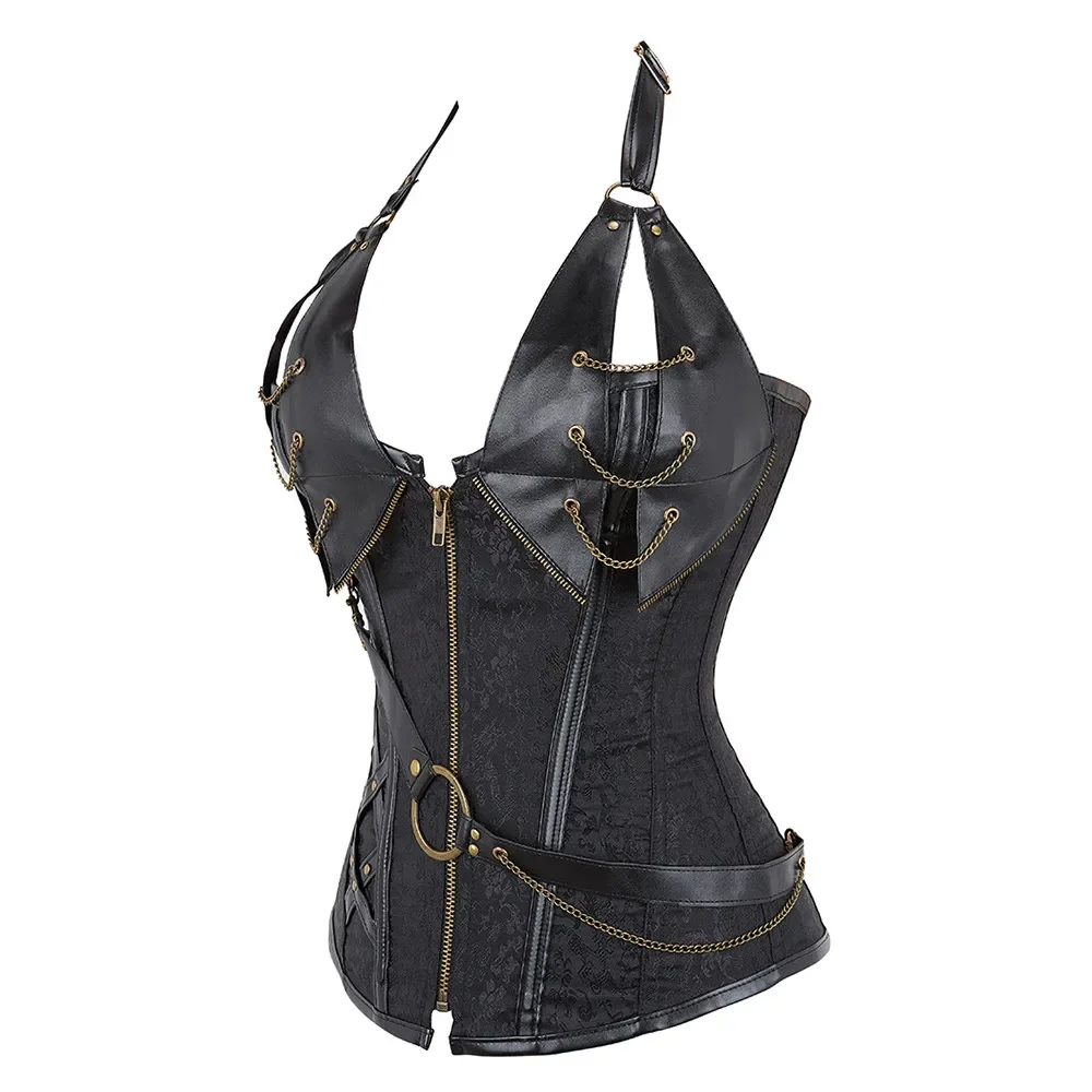 Pu Leather Gothic Punk Corsets Bustiers With Halter Plus Size Steampunk Corset Top Chain Gothic Pirate Vintage Overbust Corselet