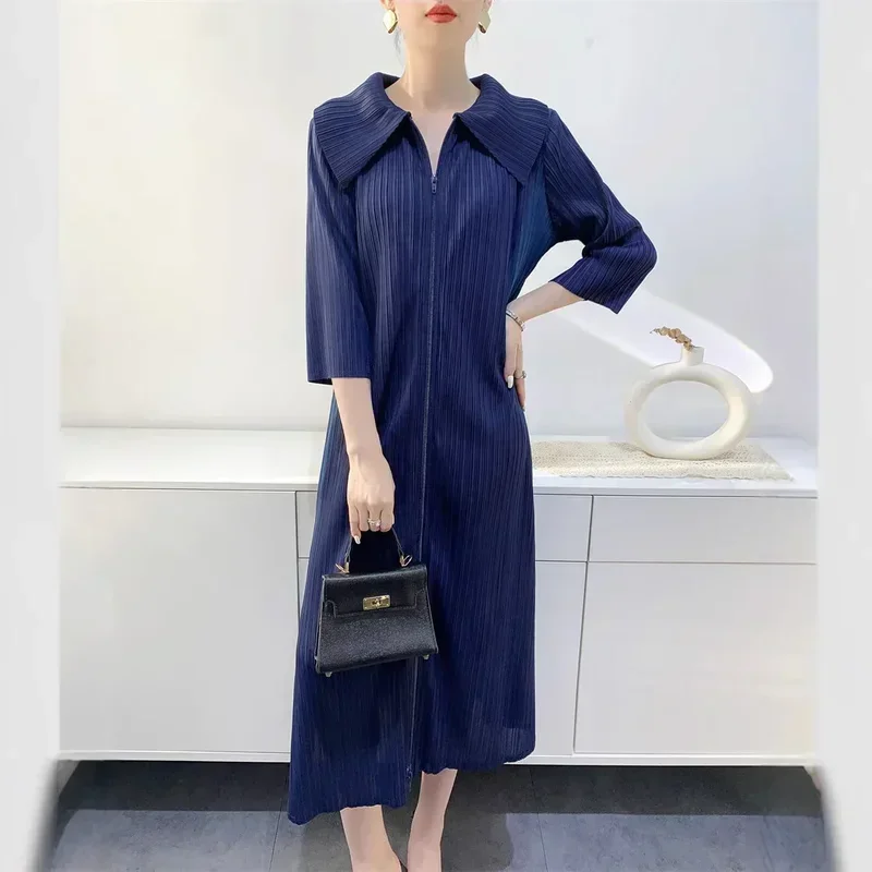 Miyake 여성용 플리츠 셔츠 드레스, 미디엄 롱 템퍼러먼트, 컬러블로킹 웨이스트 5 포인트 슬리브 디자인, 2024 가을 신상