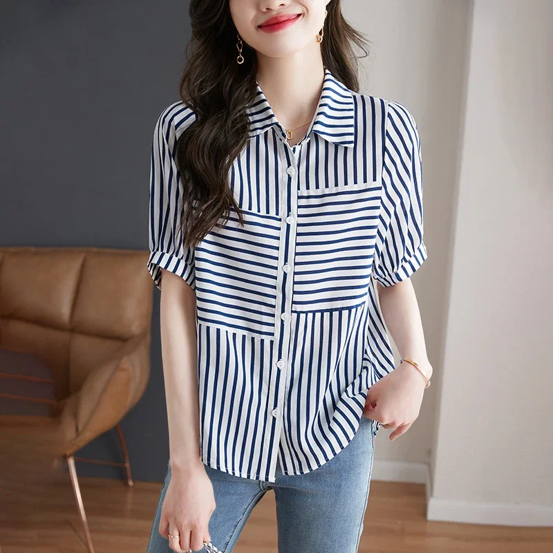 Camisa a rayas Vintage de gasa para mujer, ropa coreana estampada, Tops sueltos de manga corta, blusas con cuello de Polo para mujer