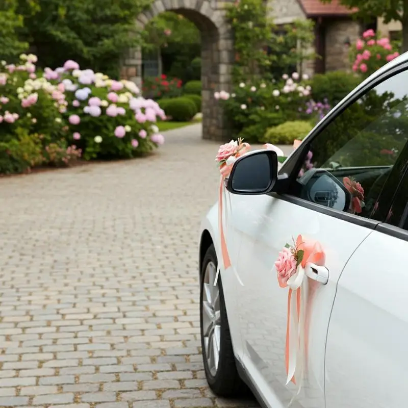 1Pcs Wedding Car Rearview Mirror Flower Bow Door Handle Decor Vintage Style for Bridal Car Ceremony Decoration Scene