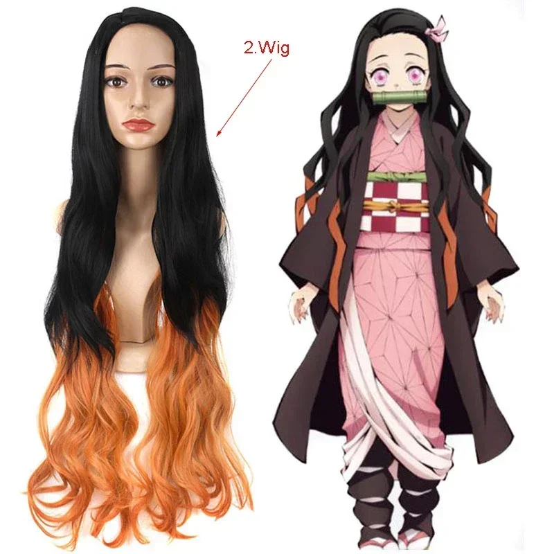 Anime Demon Slayer Kimetsu no Yaiba Kamado Nezuko Cosplay Costume Shoes Wig Tooth Mouth Stick Woman Girl Halloween Clothes