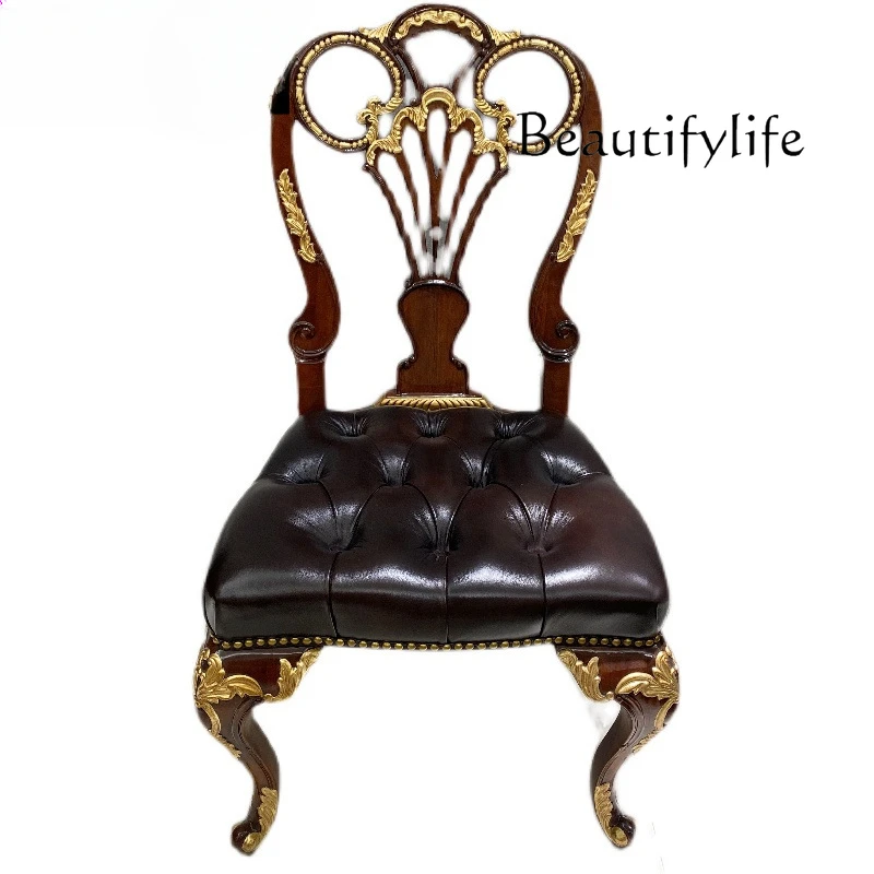 

Imported peach blossom core solid wood dining chair European classical cowhide dining stool gold foil old carved court chair