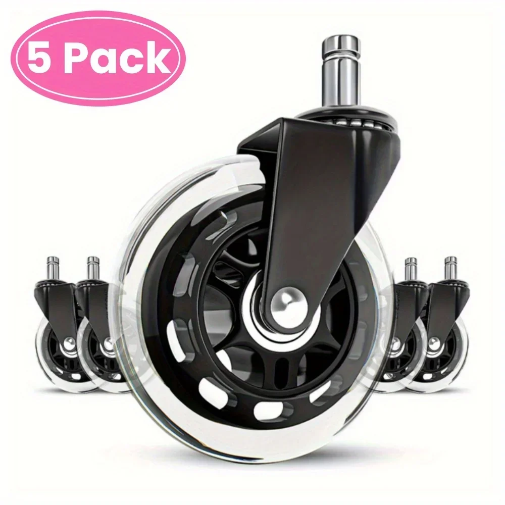 5Pcs Soft PU Office Chair Wheels,No Noise Rolling for Hardwood Floor & Carpets,Caster Replacement Kit Black Clear
