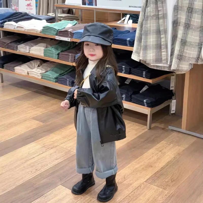 

Children's Clothing Autumn New Fashionable Girls' Leather Jacket High Collar Base Shirt Straight Leg Jeans Set
