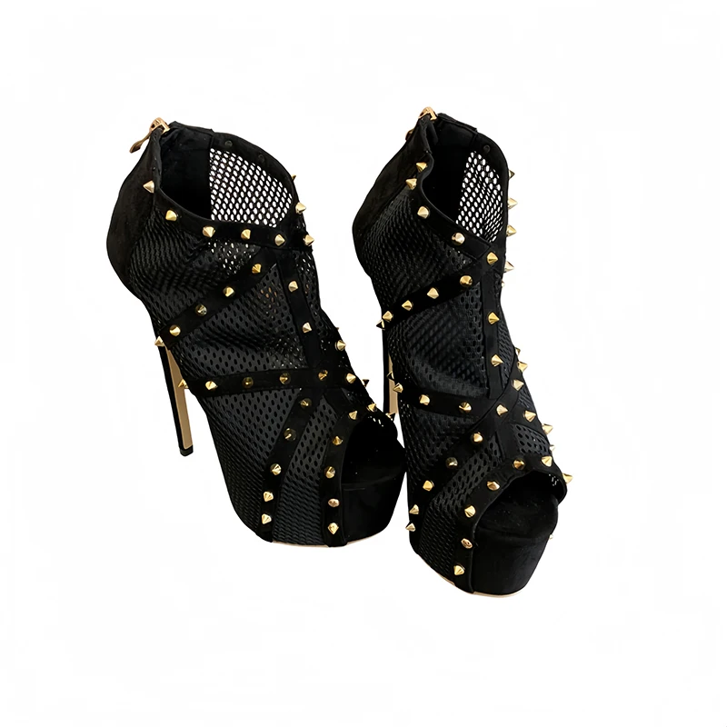 17cm Stiletto Heels Summer Boots Black Mesh Rivet High Heels Sexy Party Dress Shoes For Woman 2026 Platform Sandals Plus Size 42
