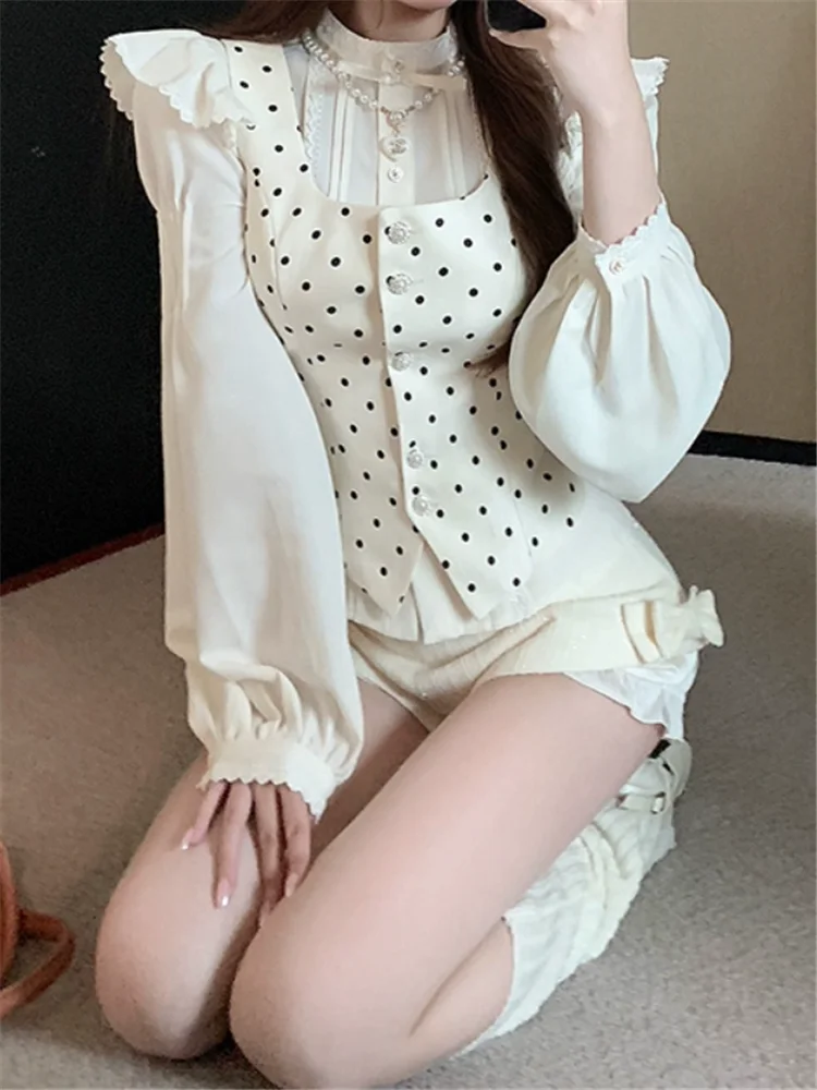 

French Retro 2 Piece Outfits New Spring Women Sweet 2pc Suits Long Sleeve Ruffles Shirt&polka Dot Vest&High Waist Shorts Sets