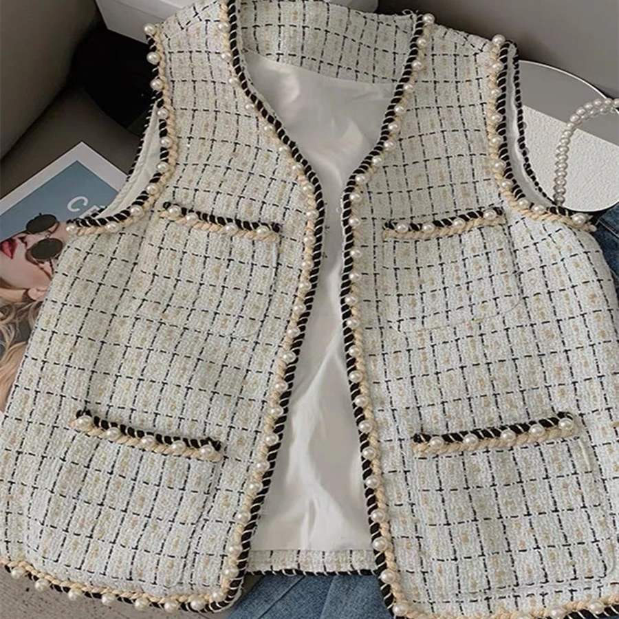 Chaleco con hebilla de perla elegante para mujer, chaqueta sin mangas de mezcla de lana, Chaleco de lana coreano, Chaleco a cuadros de Tweed