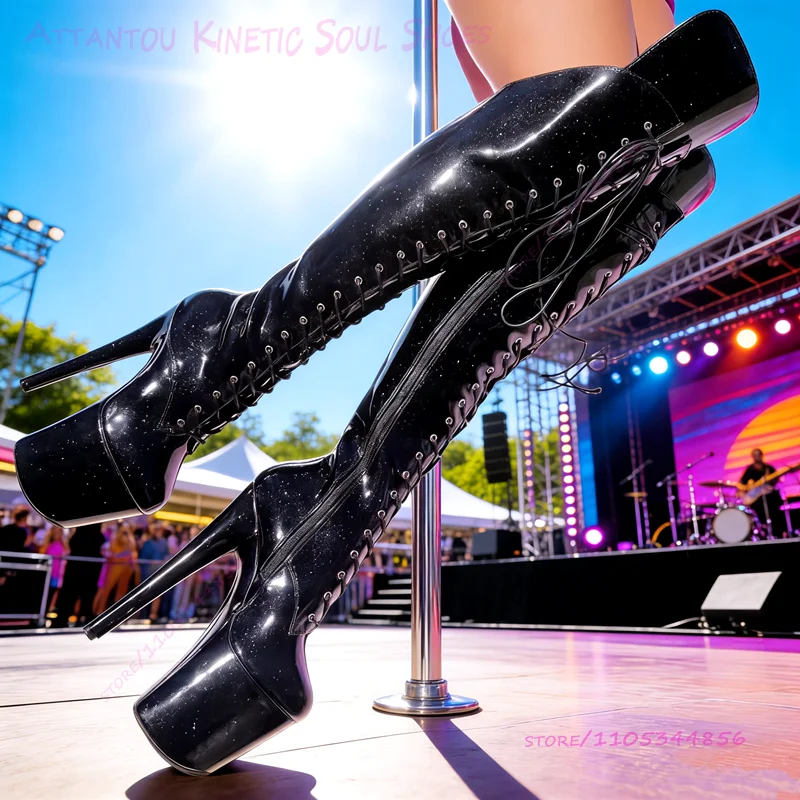 Black Metallic Glitter 20cm 8 Inch Boots For Women Patent Leather Platform Lace Up  Heels Concise Round Pole Dancing Zipper Shoe