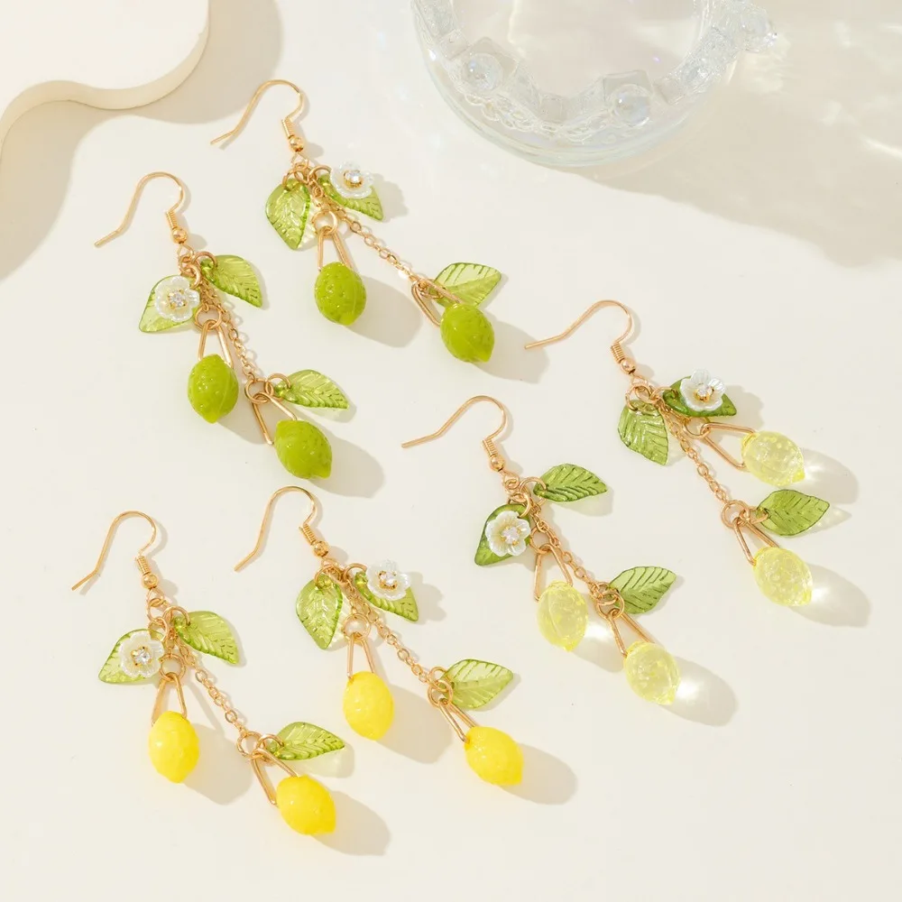 Sweet Trendy Transparent Resin Fruit Lemon Leaf Flower Tassel Long Fish Hook Dangle Earrings for Women Summer Vacation Jewelry
