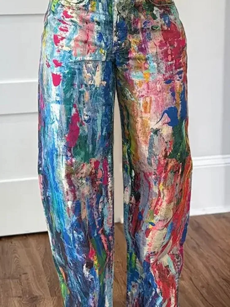 النساء عالية الخصر بنطال ذو قصة أرجل واسعة لامعة مستقيم السراويل الطويلة بالازو عادية العصرية بنطلون 2025 ربيع الخريف الشتاء بنطلون جديد #5