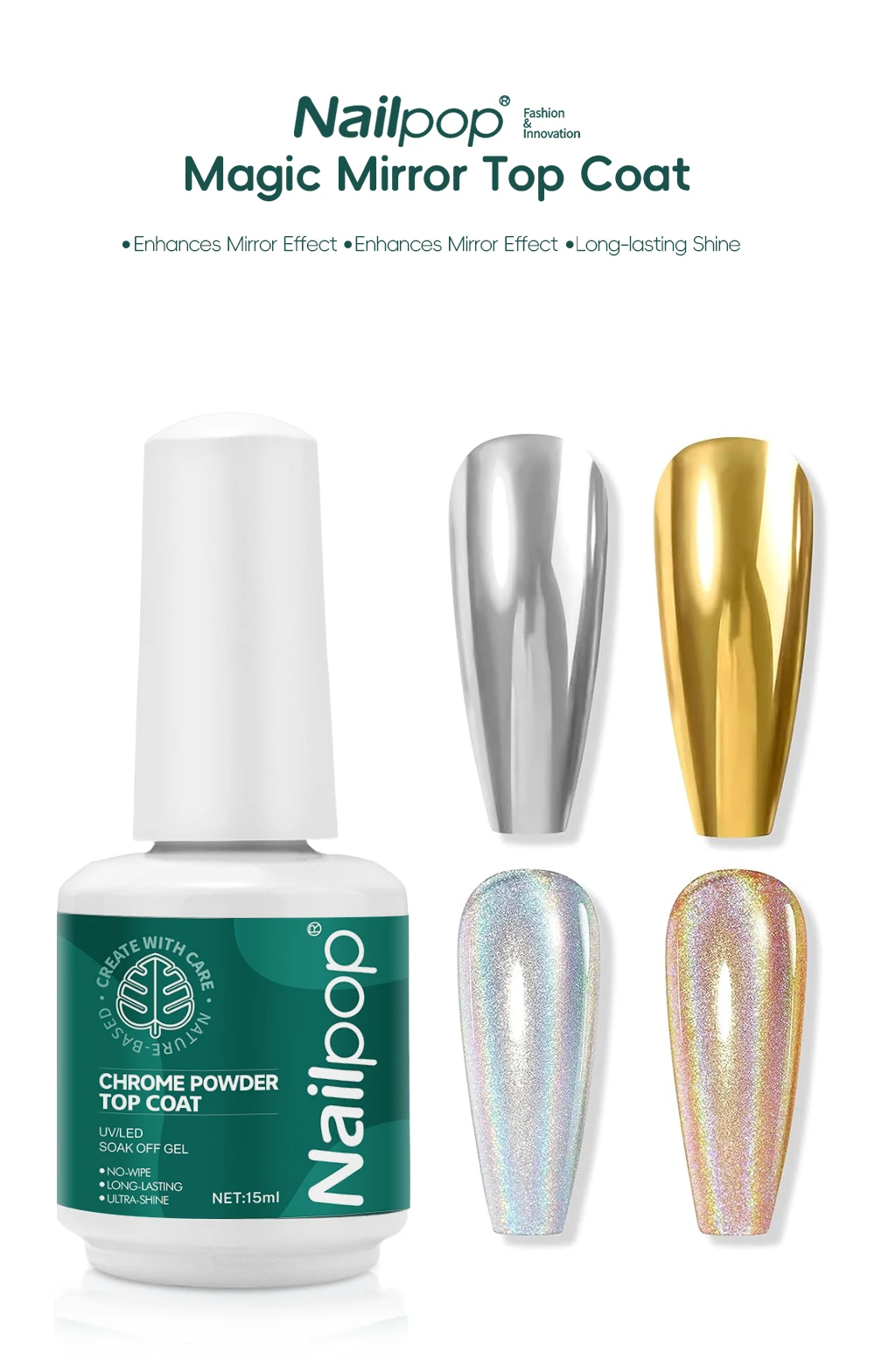 Nailpop Chrome Powder Top Coat Hochglanz Top Coat Gel Nail Sealer Langlebig Einfach zu bedienende UV-Lampe Dip DIY Salon Art Designs – Detail 1