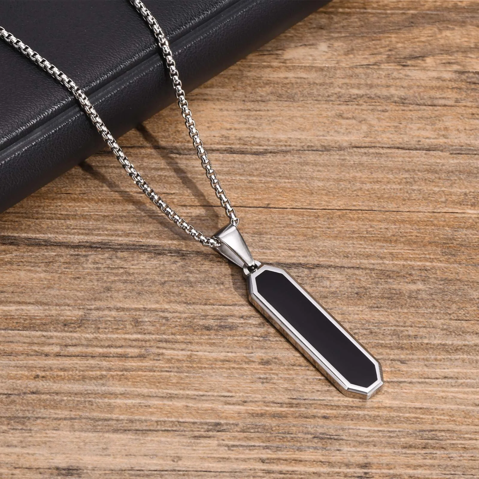 Mens Vertical Bar Necklaces for Boys,Waterproof Stainless Steel Black Color Geometric Pendant Collar, Gifts for Him Jewelry