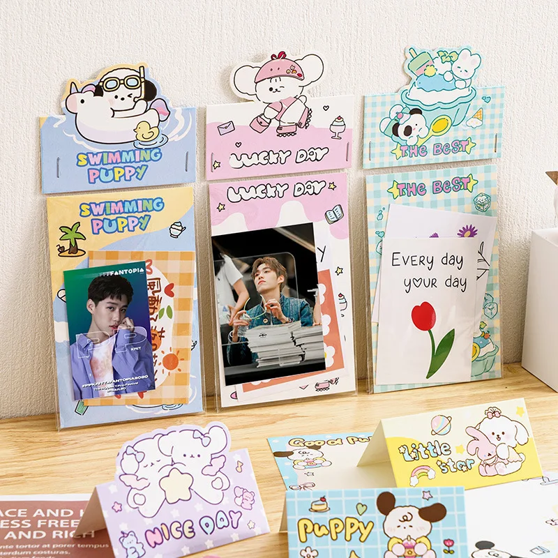 10PCS Korean Kawaii Cartoon Summer Puppy Card Head Card Back Opp Bag Cute Kpop Star 3 Inch Photo Card DIY Decor Packing Material