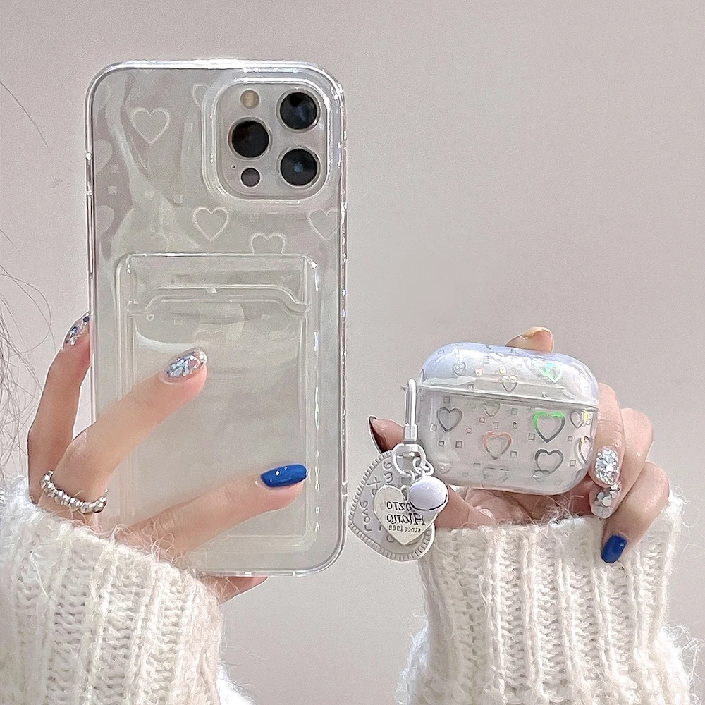 เคส3D ลายหัวใจน่ารักสำหรับ Airpods Pro หูฟังเลเซอร์กากเพชรแบบนุ่มฝาครอบอุปกรณ์เสริมสำหรับ Air Pods 1 2 3พร้อมจี้